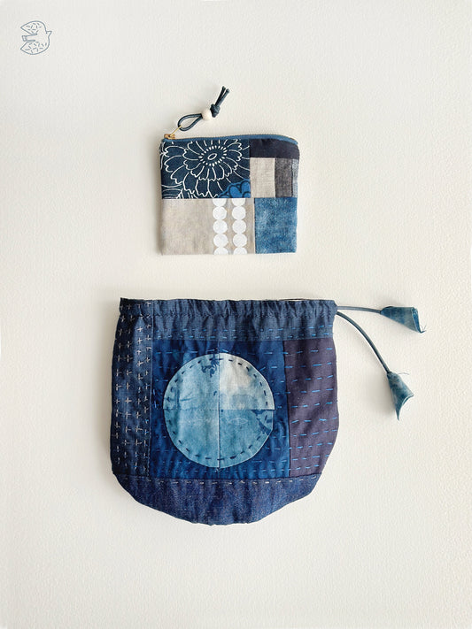 Handmade patchwork bags in navy
